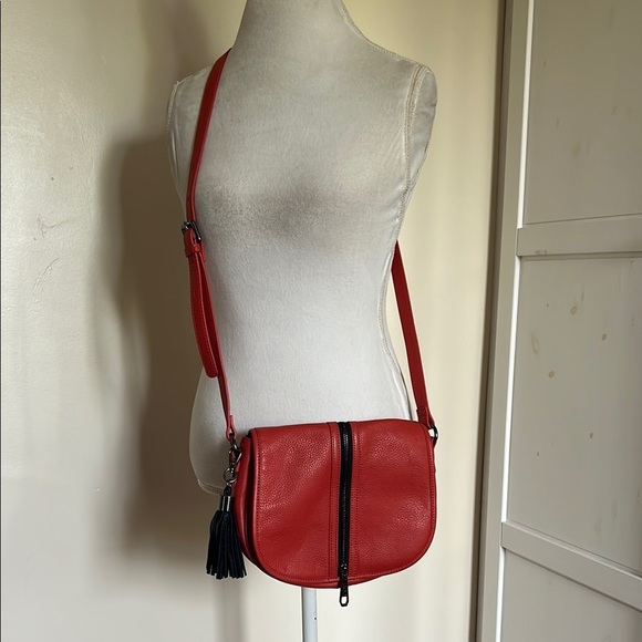 POVERTY FLATS by rian Red Leather Black Accents Crossbody Bag with Saddle Shape - Picture 2 of 10